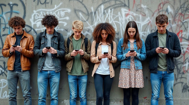 Six young people stand shoulder to shoulder against a graffiti covered concrete wall, each looking down at a smartphone screen in a quiet urban street scene.