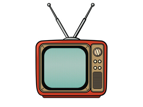 Retro TV set with an antenna, front view. Vintage electronics, comic book style. Illustration on a transparent background