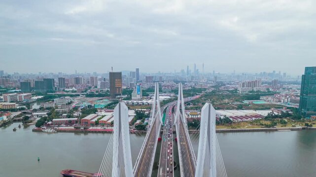Aerial Timelapse of Luoxi Bridge over the Pearl River, Guangzhou