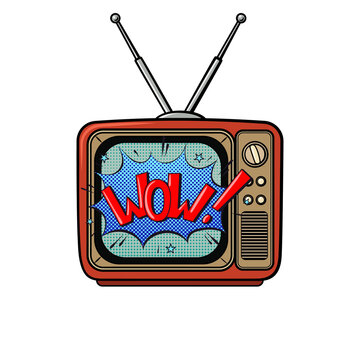 Retro TV with "Wow!" on the screen. Vintage electronics. Pop art vintage Illustration on a transparent background