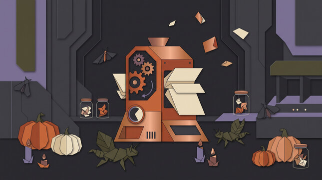 Halloween Origami Laboratory Machine Crafting Paper Insects Pumpkins and Steampunk Gears Background