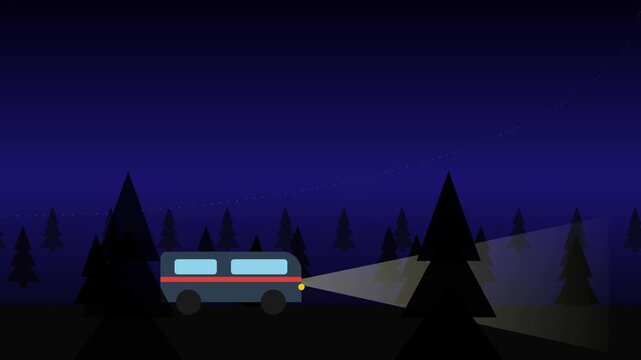 Minimalist vector illustration of a camper van driving through a dark forest at night with headlights illuminating the path ahead