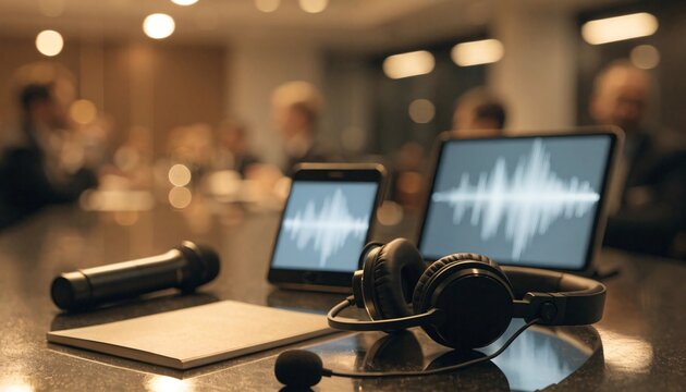 Headphones and microphone on a boardroom table with business professionals blurred background