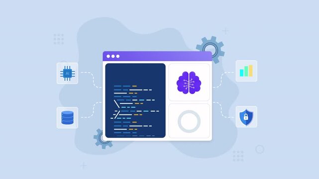 Animated web interface with code, artificial intelligence, database, analytics, and security icons, representing AI technology, software development, data management, and digital innovation.