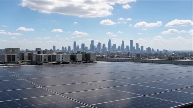 Solar Panel Rooftop City Timelapse Background with Skyscraper Skyline, Urban Architecture and Building Design Beneath Bright Blue Sky, Showcasing Sustainable Clean Energy and Modern Rooftop