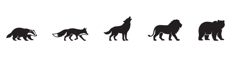 Wild predatory animals silhouette set. European badger, red fox walking, howling wolf, majestic lion and brown bear. Vector illustration. © Roberto_Caravelli