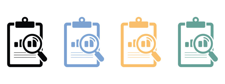 Company growth report icon set, magnifying glass, performance measurement, business intelligence, evaluation, talent management, and skill gap analysis.  
