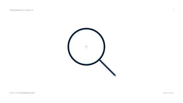 Futuristic digital magnifying glass interface scanning data on a clean white background