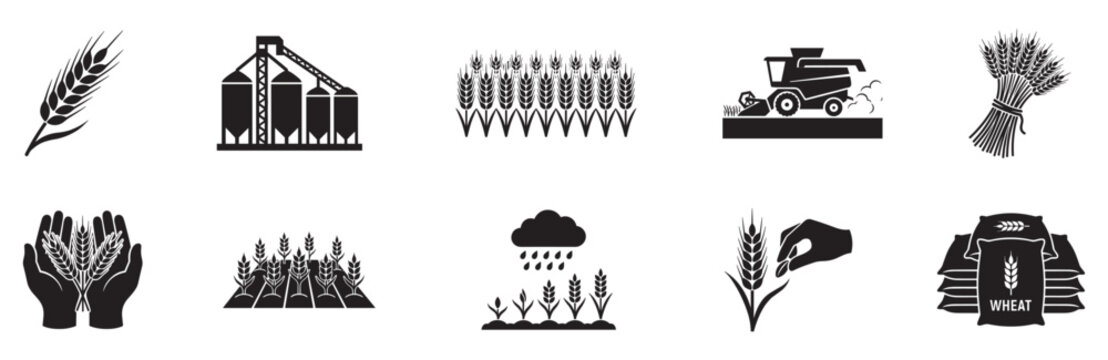 Wheat harvest and agriculture icon set. Grain ear, grain silo elevator, combine harvester, sheaf, sack of flour and farming field. Vector illustration.