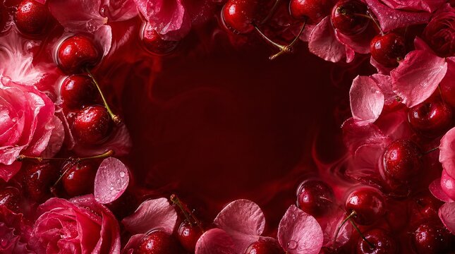 Fresh red cherries and soft rose petals floating in deep red water with swirling liquid