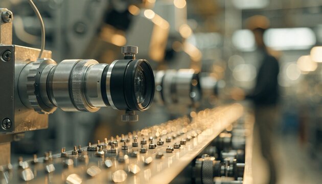 Industrial quality control camera inspecting metal components on a busy manufacturing line