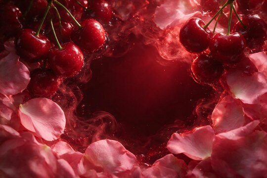 Fresh red cherries and soft rose petals floating in deep red water with swirling liquid
