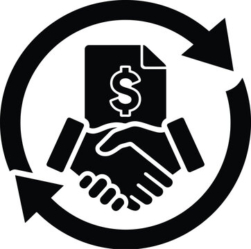 Handshake exchanging money within a circular arrow a black vector illustration agreement business collaboration
