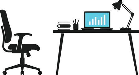 Fototapeta premium Office desk with chair laptop and lamp presented as a black vector illustration on a white background