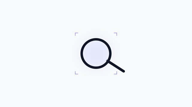 Minimalist magnifying glass icon performs search animation cycles on a clean white background