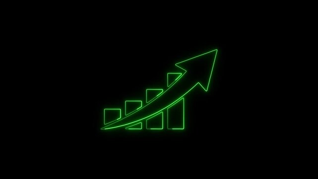 Neon Bar Chart and Growth Arrow Animation Changing Color from Red to Green on Dark Background