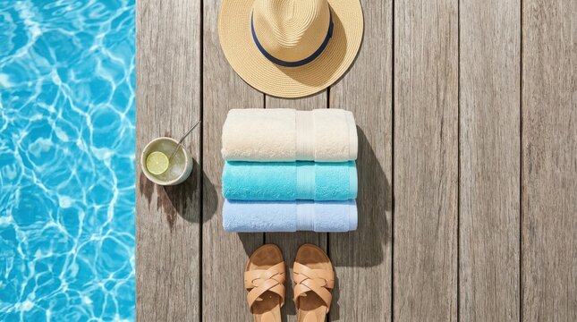 Top view of a straw hat, three folded colorful towels, and sandals on a wooden deck by a swimming pool