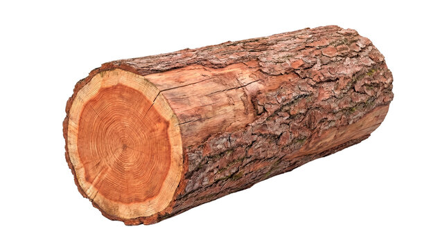 Robust cut tree log with detailed bark and distinct reddish growth rings, isolated on a crisp transparent background.