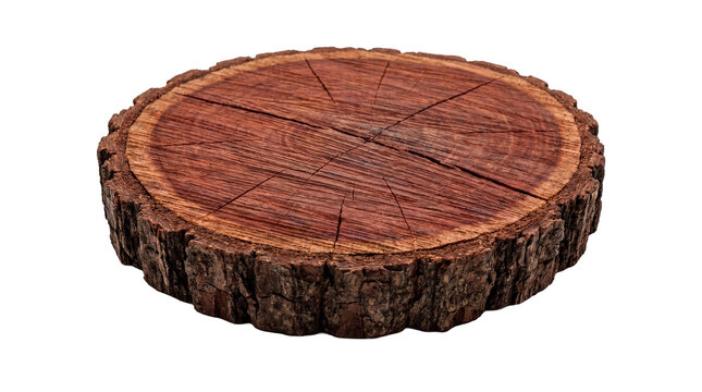 Round wooden log slice with natural bark and intricate tree rings, featuring visible cracks.
