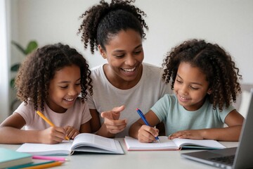 Obraz premium Older sister helps younger siblings with school homework at home. Black girls study together using notebooks, laptop. Happy family members learn lessons, write in books, discuss school subjects. Girl