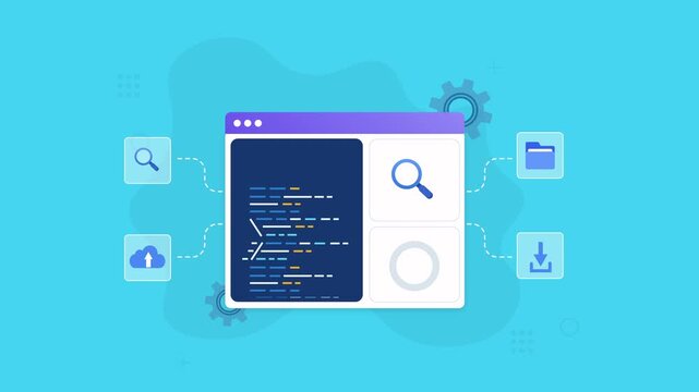 Animated web interface with code, search, cloud, folder, and download icons, representing web development, digital search, software, data management, and modern technology.
