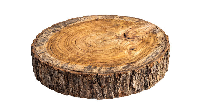Rustic round light wood log cross-section, highlighting clear annual growth rings and rugged bark on a transparent.