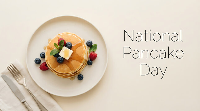 Stack of fluffy pancakes with fresh berries syrup and butter on a white plate
