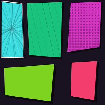 Set of colorful geometric shapes and comic style speech bubble frames with patterns