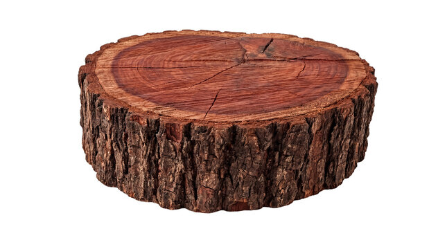 Organic wood slice with distinct growth rings and rugged bark edge, featuring natural surface cracks.