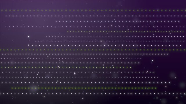 Rows of glowing particles arranged in horizontal lines pulse and flicker on a dark purple background. Smooth animated scene for presentations and digital art projects.