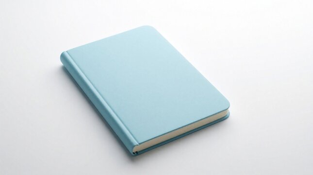 Simple pastel blue notebook lays closed on clean white background. Minimalist stationery object for notes, planning, ideas, writing. Blank pages invite creativity, study. Modern aesthetic represents