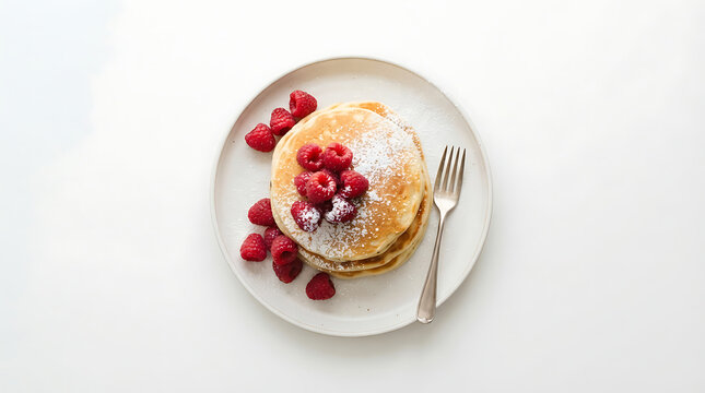 Stack of pancakes with raspberries and powdered sugar on a plate