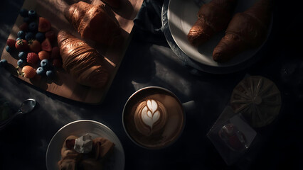 Obraz premium Delicious Breakfast Overhead View: Croissants, Fresh Berries, and Latte Art Coffee
