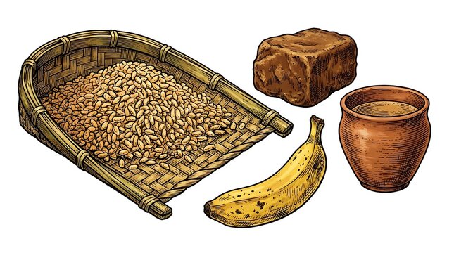 Traditional Bangladeshi Rural Snack Arrangement of Puffed Rice (Muri), Date Palm Jaggery (Gur), and Banana in Woven Bamboo Kula, Vintage Illustration