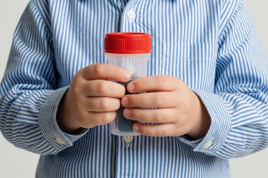 Child holds medical sample container for stool analysis. Pediatric patient collects specimen for lab testing. Health checkup for parasites worms intestinal issues.