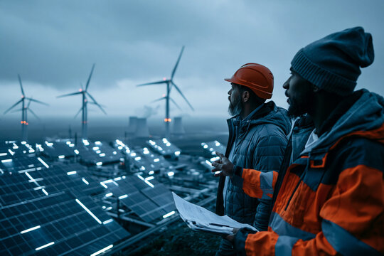 Renewable Energy Engineers Inspecting Solar and Wind Farm