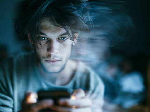 Young Man Suffering from Insomnia and Smartphone Addiction