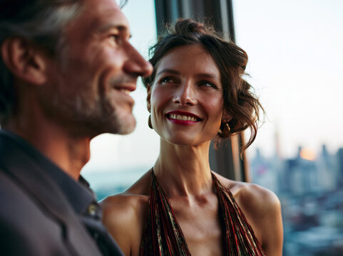 Elegant Couple Smiling Together Overlooking City Skyline at Sunset