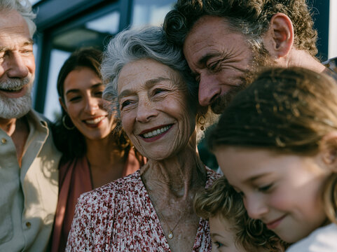 Multigenerational Family Smiling and Embracing Outdoors