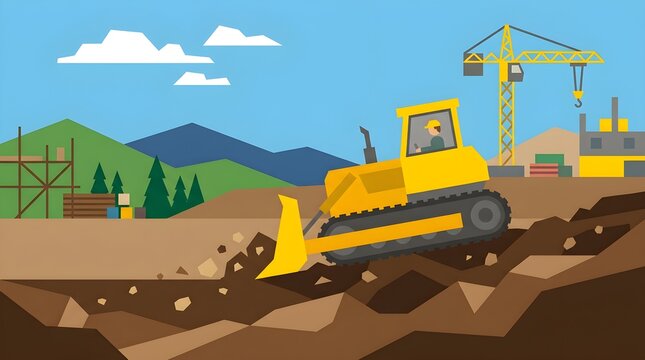 Flat vector illustration of a tracked bulldozer leveling and moving soil at a construction site, with mountains, trees, a tower crane, and industrial buildings in the background