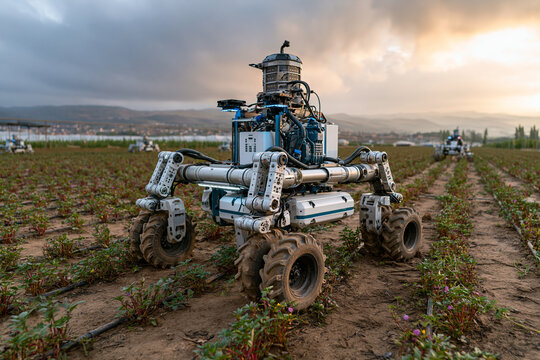 Autonomous Agricultural Robot Working in Crop Field at Sunset