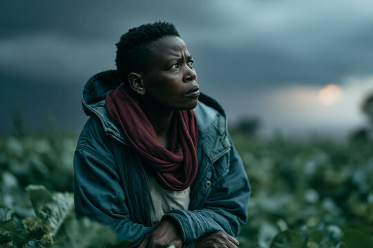 African Woman Looking Away in Crop Field Under Overcast Sky