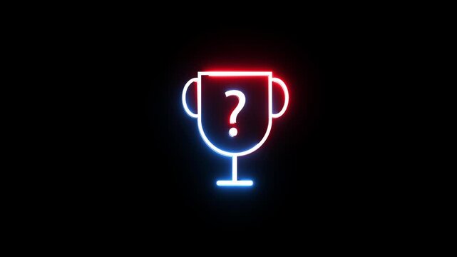 Neon trophy cup with question mark glowing on black background for competition and gaming.