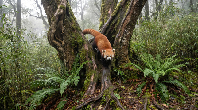 Red Panda Climbing Up Mossy Tree Trunk in Dense Foggy Rainforest