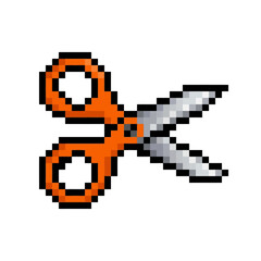 Fototapeta premium Scissors pixel art icon features bright orange handles and sharp metallic blades.