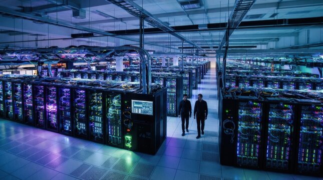IT engineers walking through a modern high-tech server room data center facility