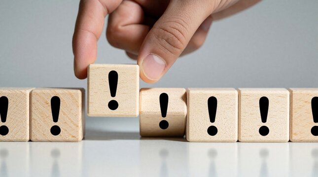 Someone places wooden block with mark between aligned blocks. Indicates alert priority in workflow. Suggests strategy, decision-making in pro settings. Applies to business processes, teamwork