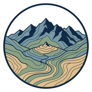 Minimalist Mountain Range with Terraced Hills and Valleys Circular Badge