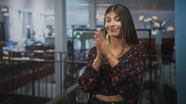 Young woman clapping hands in an airport lounge, standing by railing in a floral crop top and jeans; confidence celebration.