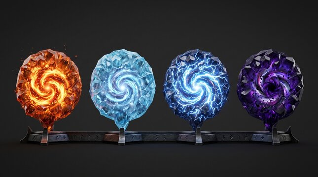 A high-end 3D game asset collection displaying a set of raw, sharp-faceted magic crystal matrix orbs